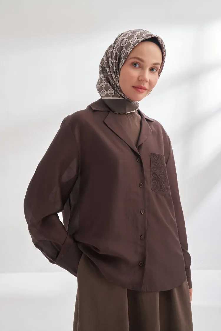 ARMANDA - 4350 Soil Desen Twill İpek Eşarp - Füme