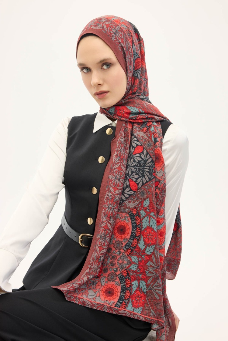 SİLK HOME - Urban Hours Floral Motif Desen Bordo Mayda Şal 190x70