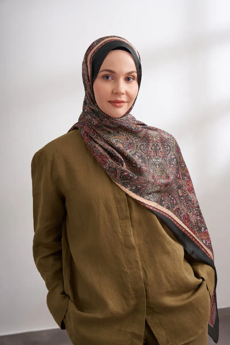 ARMANDA - 6036 Etnik Desen Şal - Koyu Haki