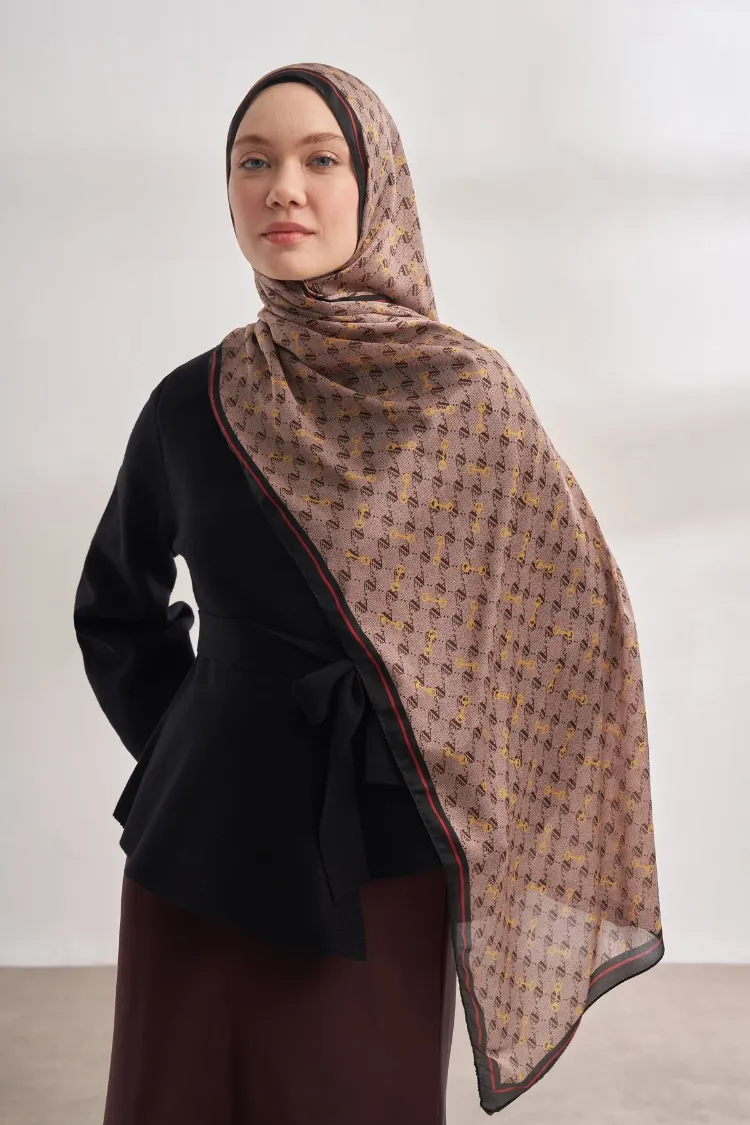 ARMANDA - 3361 Monogram Desen Şal - Açık Vizon - Siyah
