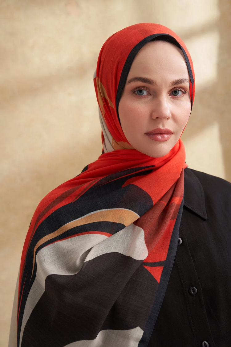 ARMANDA- 3383 İpek Pamuk Sarah Desen Şal - Siyah Kırmızı