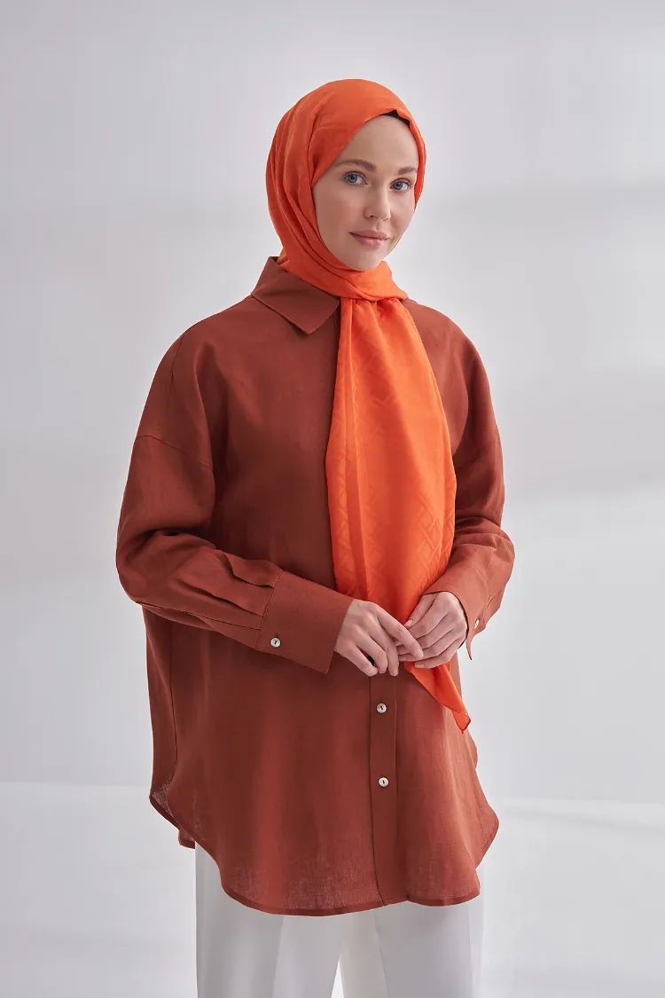 ARMANDA - İtalyan Jakar Geometrik Desen Şal - Turuncu