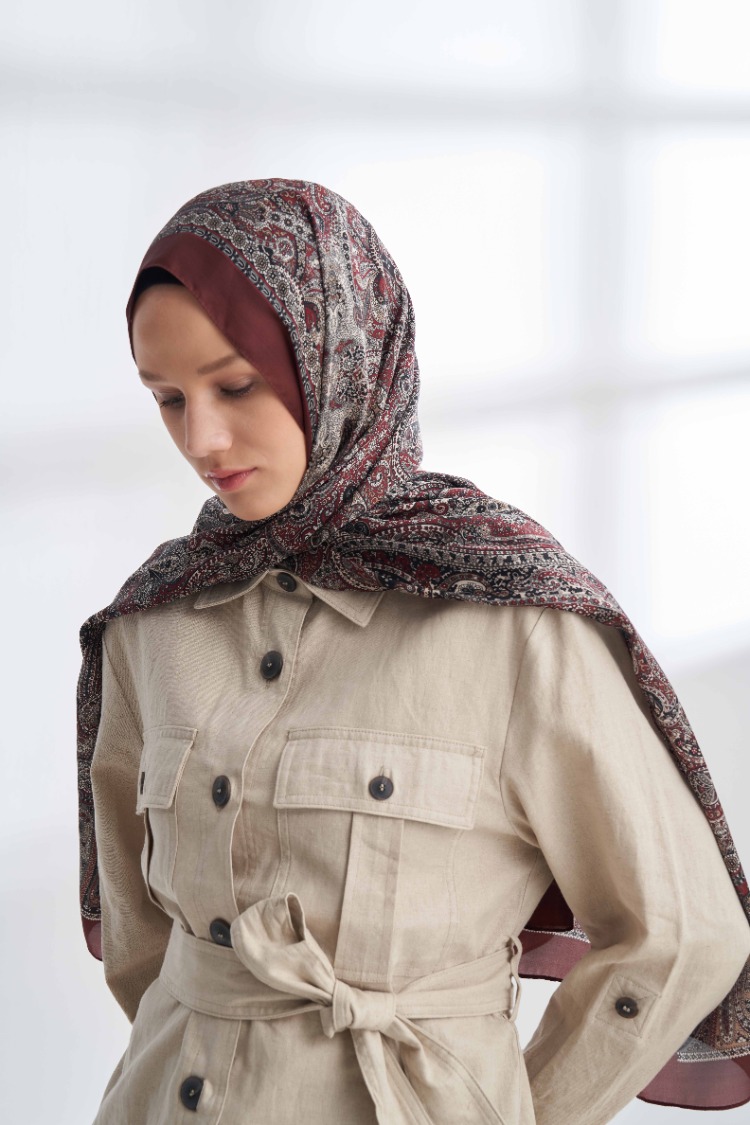 ARMANDA - 6036 Etnik Desen Şal - Kızıl Bordo