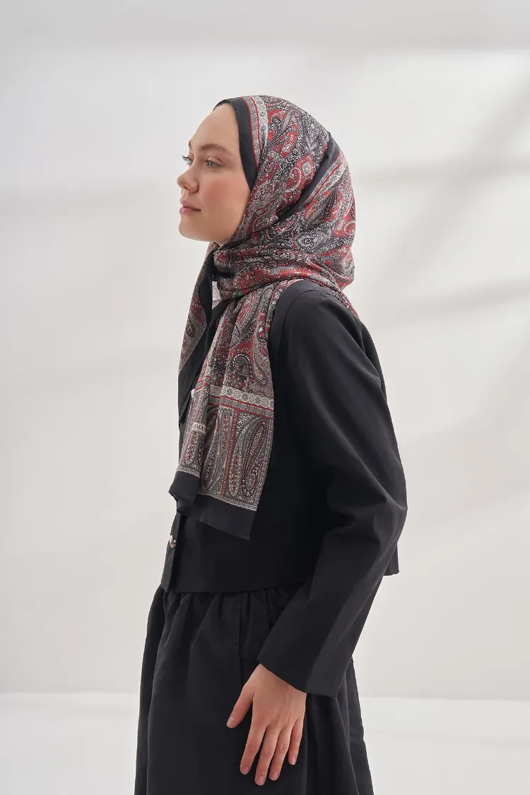 ARMANDA - 6036 Etnik Desen Şal - Siyah Kırmızı