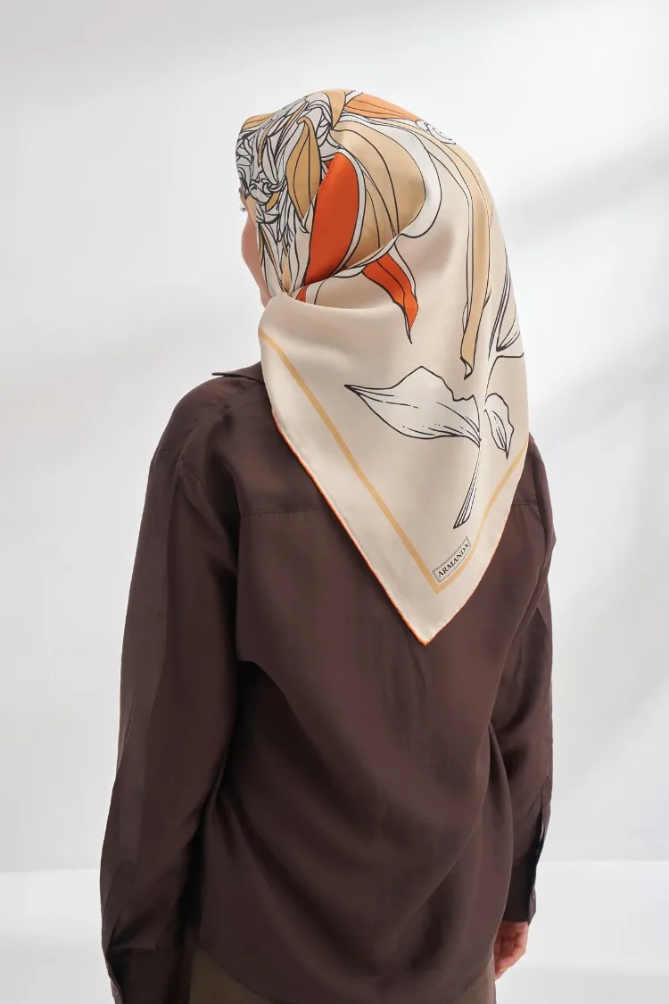 ARMANDA - 4356 Ivory Desen Twill İpek Eşarp - Bej Orange