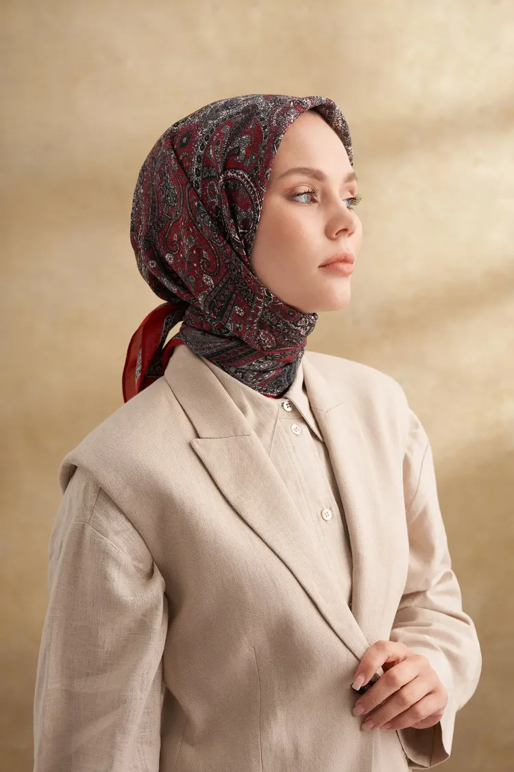 ARMANDA - 3155 Vintage Desen Eşarp - Kırmızı