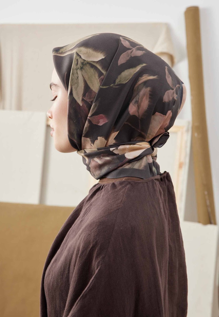 Fresh Scarfs - Soft Garden Desen Pamuk İpek Eşarp - Acı Kahve