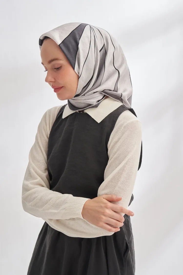 ARMANDA - 4355 İnaya Desen Twill İpek Eşarp - Füme-Gri