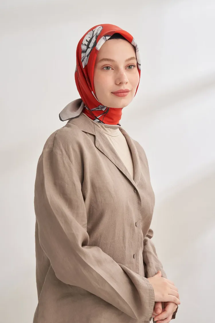 ARMANDA - 4333 Plumeria Desen Twill İpek Eşarp - Kırmızı