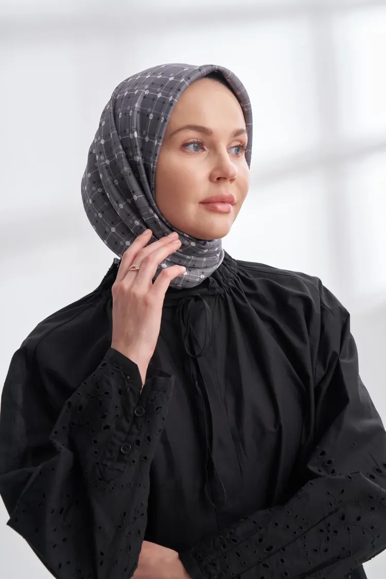 ARMANDA- 4306 Orbıs Desen Twıll İpek Eşarp - Gri Füme