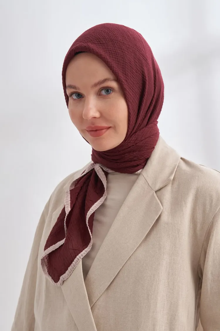ARMANDA - 3353 Müslin Biyeli Eşarp - Burgundy