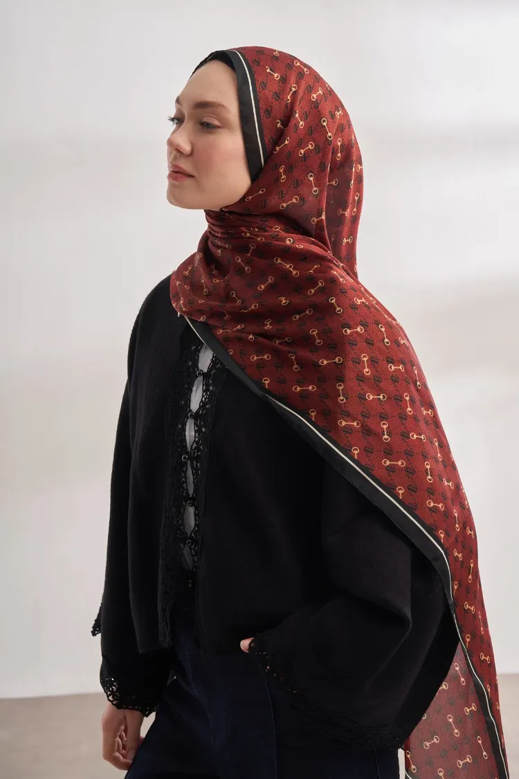 ARMANDA - 3361 Monogram Desen Şal - Siyah - Bordo