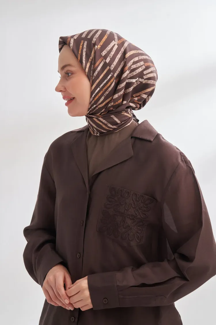 ARMANDA - 4353 Rora Desen Twill İpek Eşarp - Acı Kahve