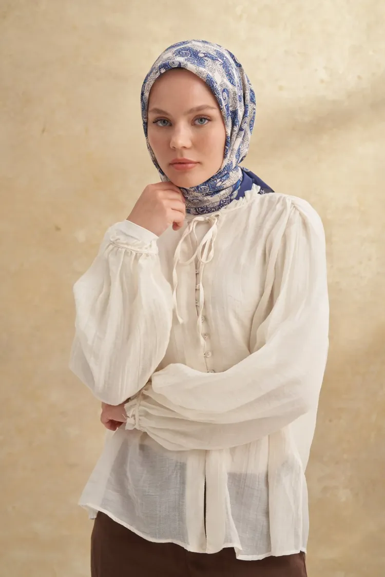 ARMANDA - 3151 Gaina Desen Eşarp - Lacivert Krem