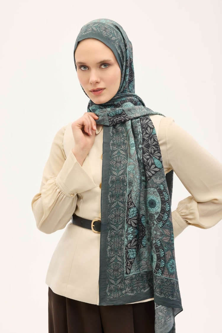 SİLK HOME - Urban Hours Floral Motif Desen Patina Yeşili Mayda Şal 190x70