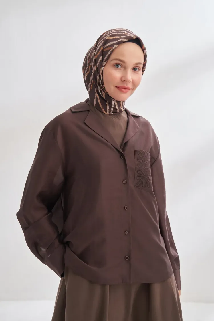 ARMANDA - 4353 Rora Desen Twill İpek Eşarp - Acı Kahve