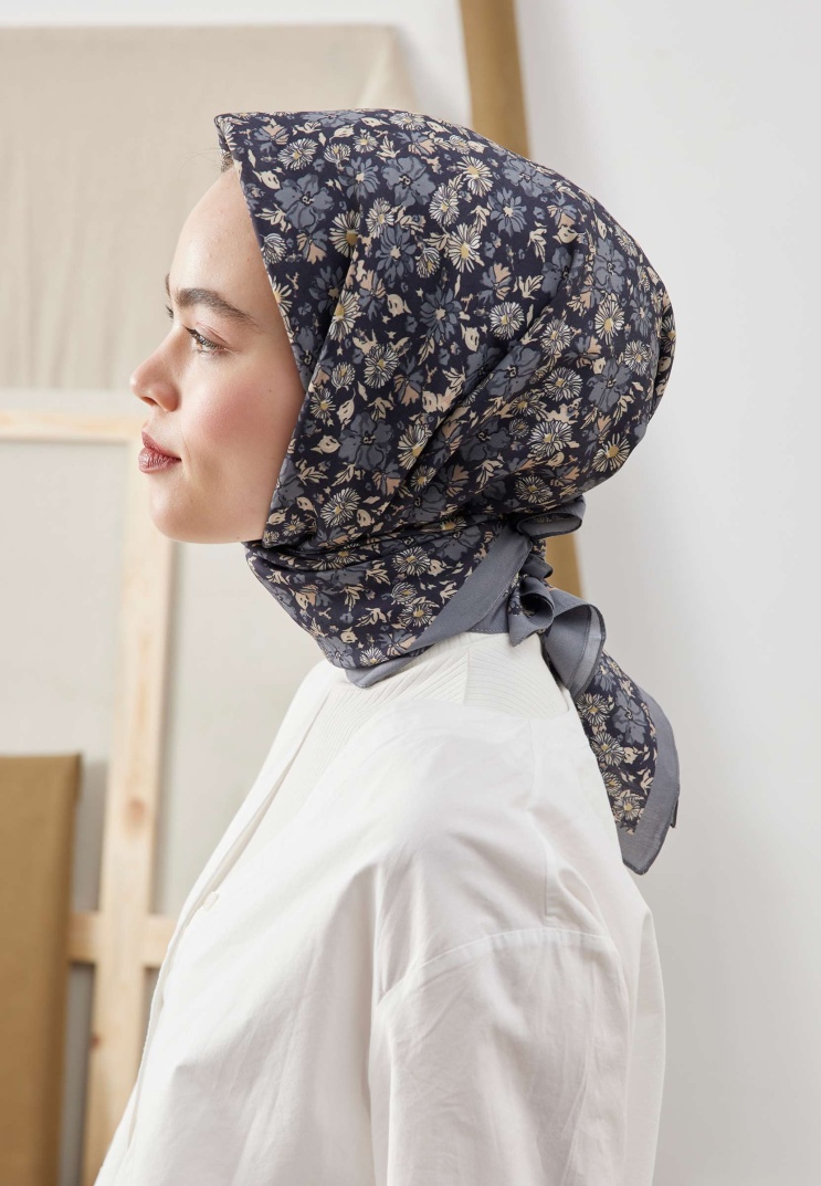 FRESH SCARFS - Blooming Garden Desen Pamuk İpek Eşarp - Lacivert