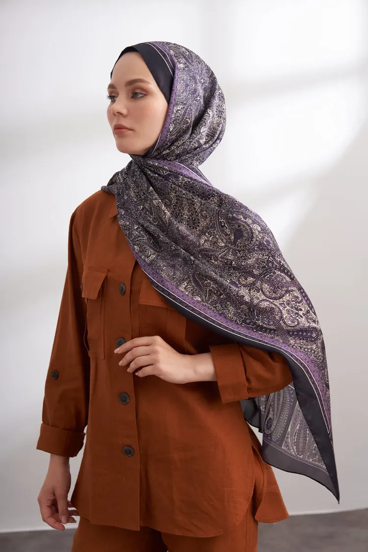 ARMANDA - 6036 Etnik Desen Şal - Morcivert