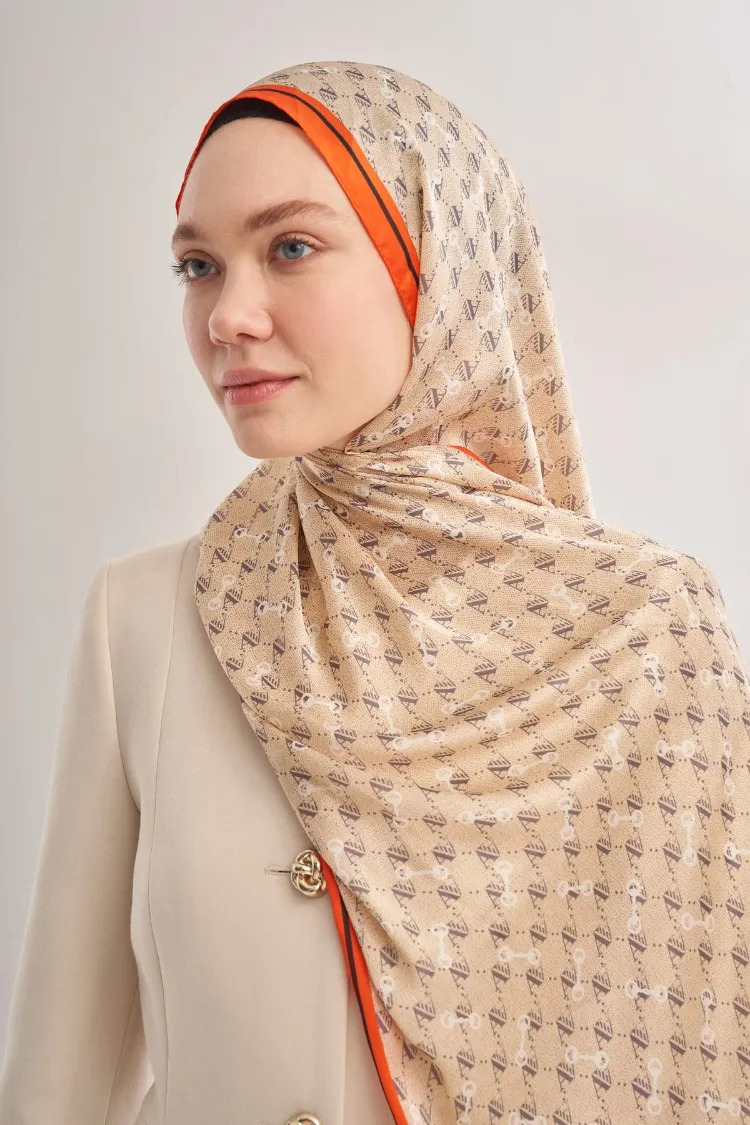 ARMANDA - 3361 Monogram Desen Şal - Bej - Orange