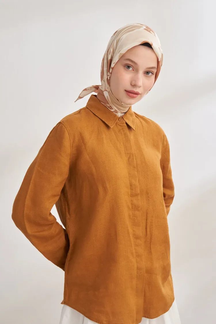 ARMANDA - 4351 Dahlia Desen Twill İpek Eşarp - Bej