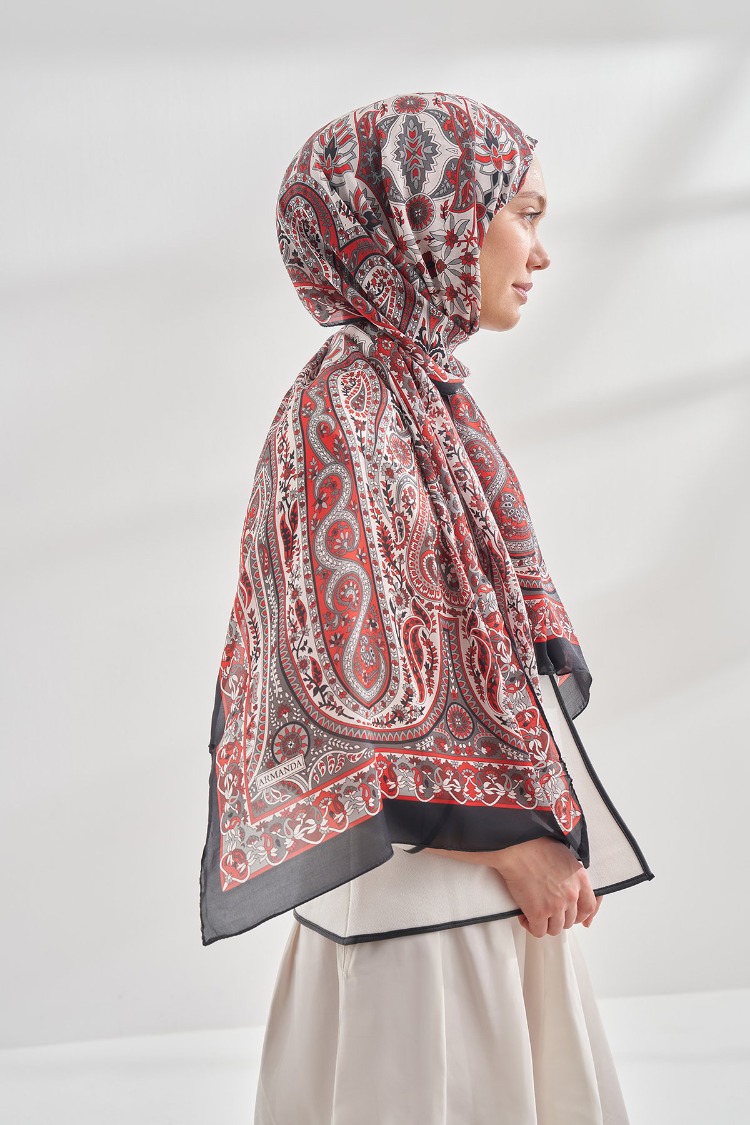 ARMANDA - 6035 Pashmina Desen Şal - Siyah Kırmızı