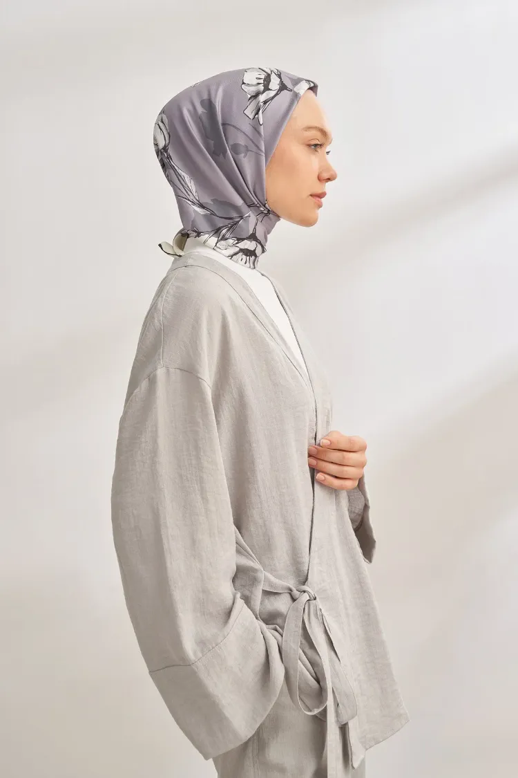 ARMANDA - 4333 Plumeria Desen Twill İpek Eşarp - Gri