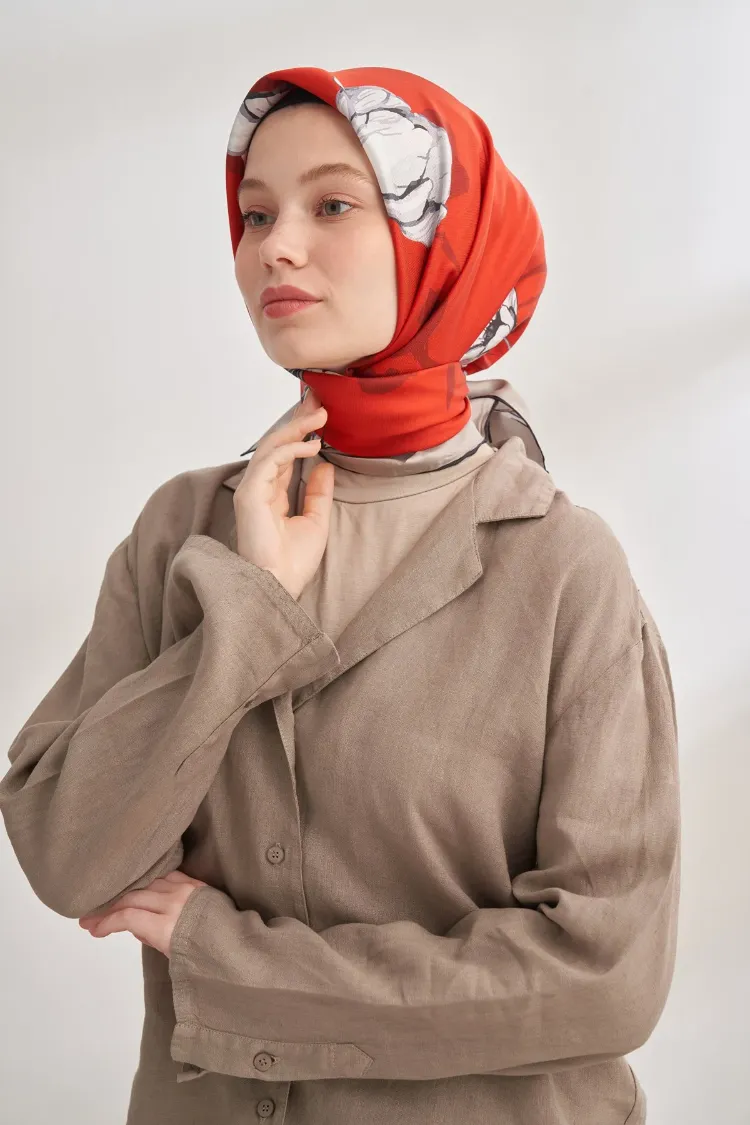 ARMANDA - 4333 Plumeria Desen Twill İpek Eşarp - Kırmızı