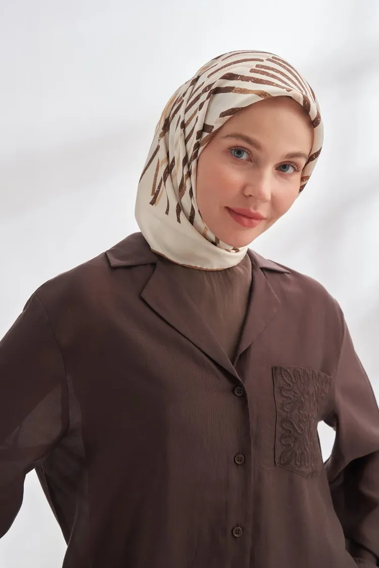 ARMANDA - 4353 Rora Desen Twill İpek Eşarp - Kahve