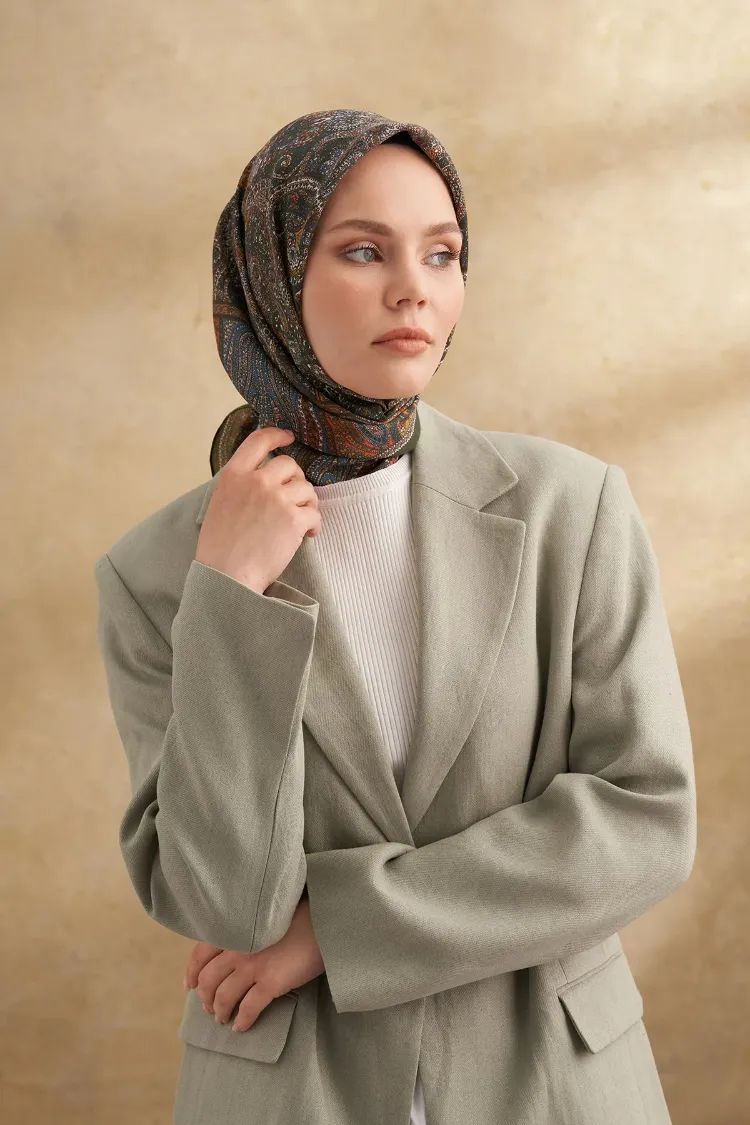 ARMANDA - 3155 Vintage Desen Eşarp - Haki