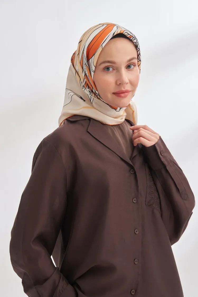 ARMANDA - 4356 Ivory Desen Twill İpek Eşarp - Bej Orange