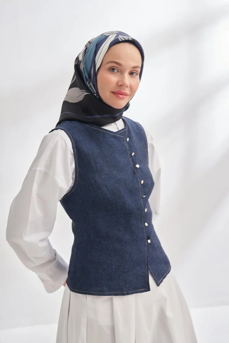 ARMANDA - 4356 Ivory Desen Twill İpek Eşarp - Siyah Lacivert