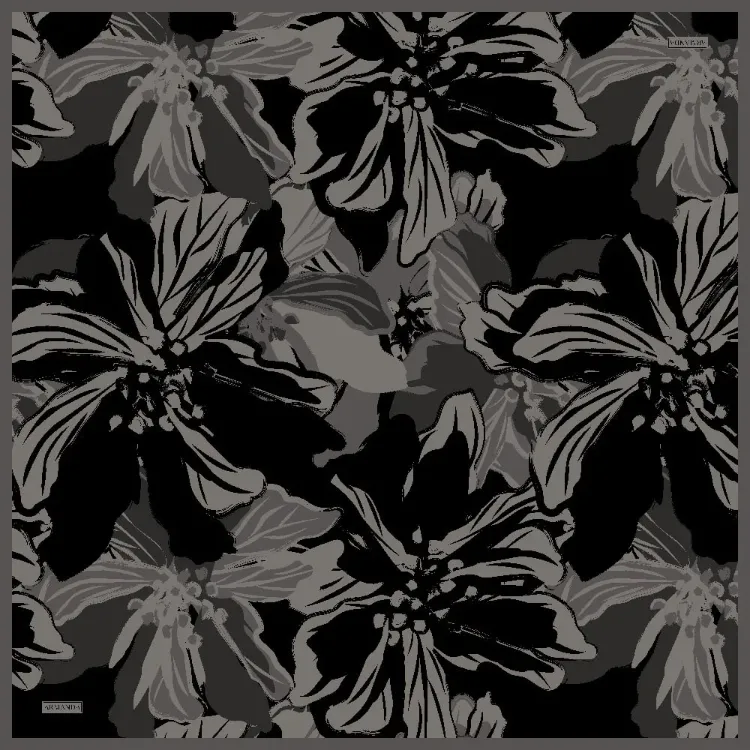 ARMANDA - 4351 Dahlia Desen Twill İpek Eşarp - Siyah Füme