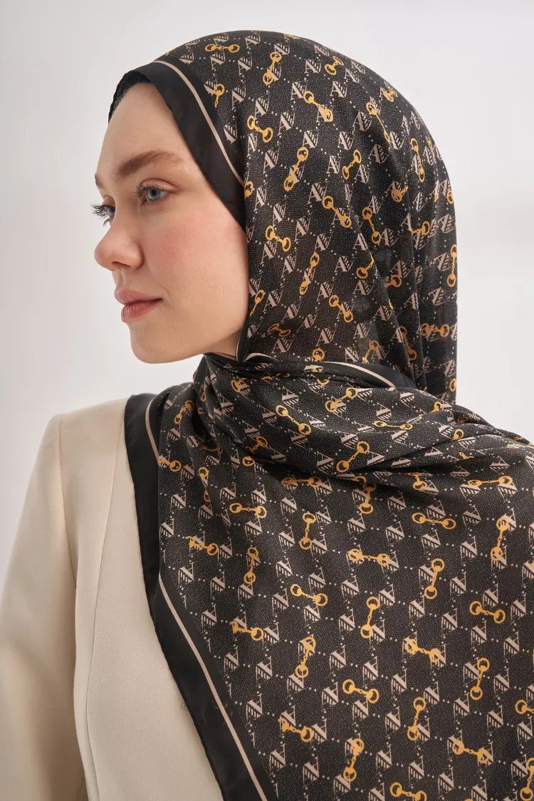 ARMANDA - 3361 Monogram Desen Şal - Siyah - Krem