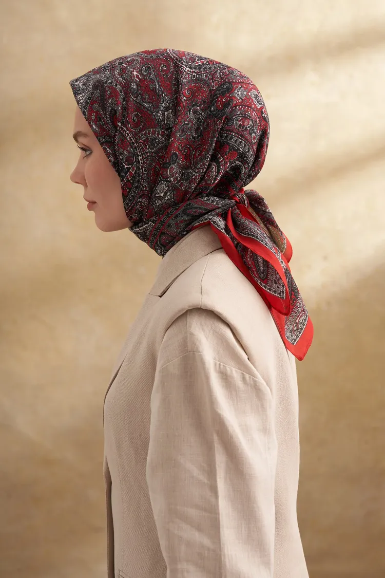 ARMANDA - 3155 Vintage Desen Eşarp - Kırmızı
