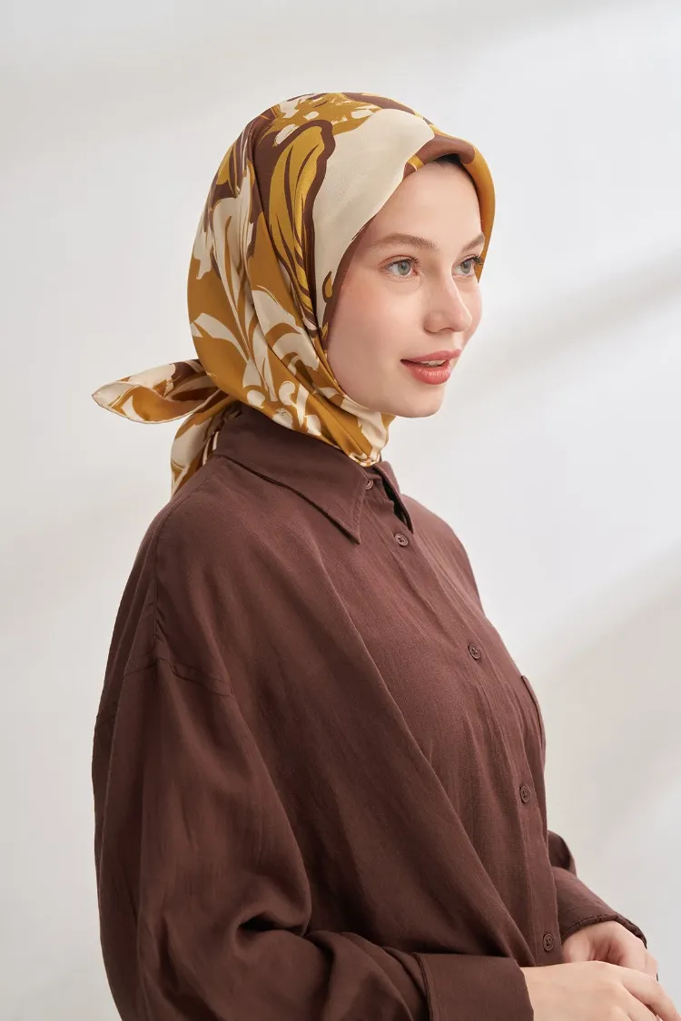 ARMANDA - 4351 Dahlia Desen Twill İpek Eşarp - Yağ Yeşili