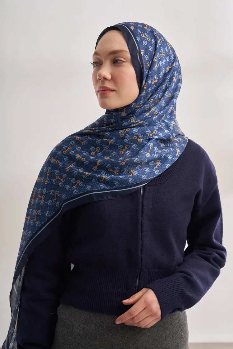 ARMANDA - 3361 Monogram Desen Şal - Kot Mavisi - Bebe Mavisi