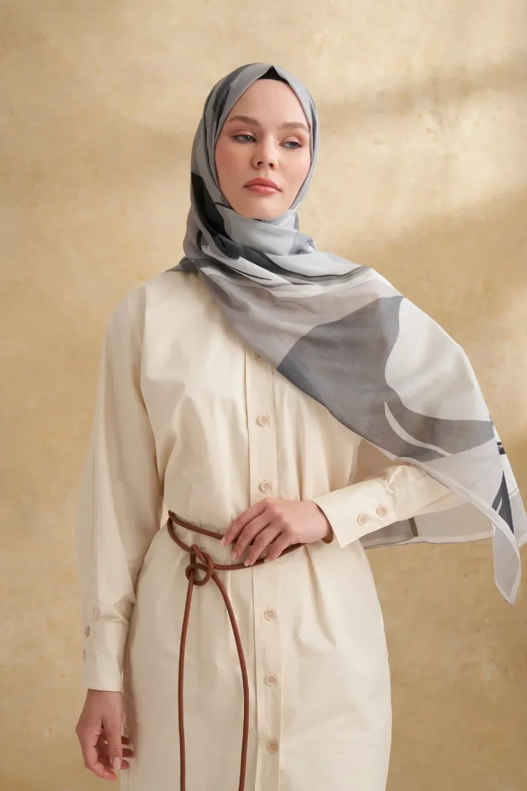 ARMANDA- 3383 İpek Pamuk Sarah Desen Şal - Gri Füme