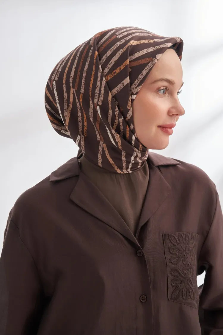 ARMANDA - 4353 Rora Desen Twill İpek Eşarp - Acı Kahve