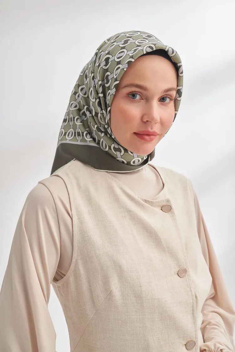 ARMANDA - 4350 Soil Desen Twill İpek Eşarp - Haki
