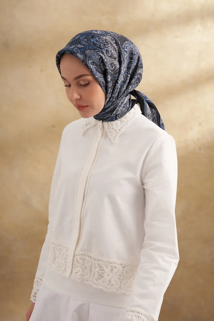 ARMANDA - 3155 Vintage Desen Eşarp - Siyah İndigo