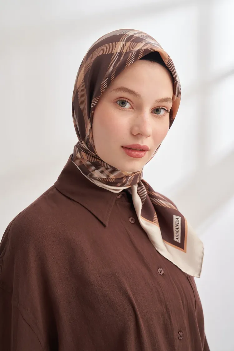 ARMANDA - 4358 Naya Desen Twill İpek Eşarp - Acı Kahve