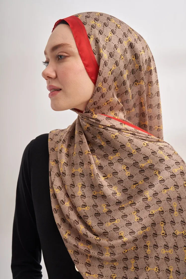ARMANDA - 3361 Monogram Desen Şal - Bej - Kırmızı