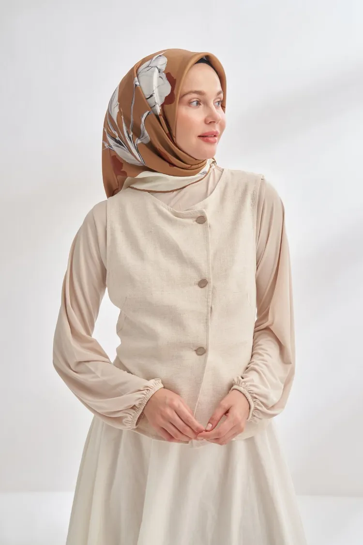 ARMANDA - 4333 Plumeria Desen Twill İpek Eşarp - Kahve