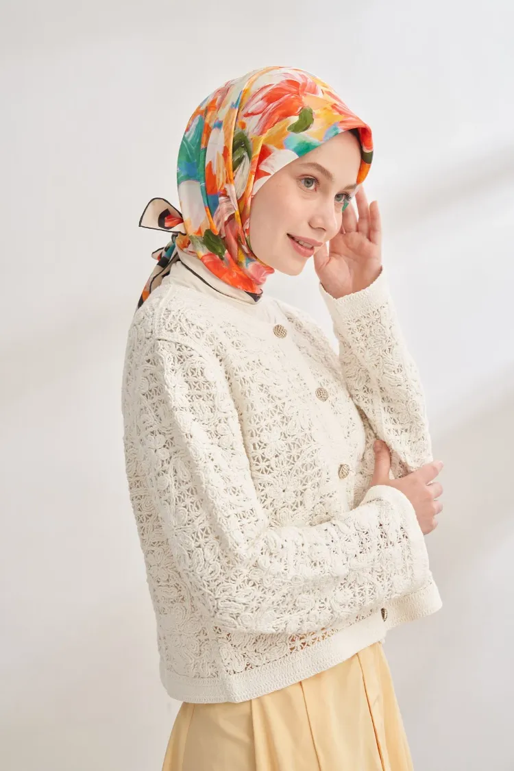ARMANDA - 4359 Abstract Bloom Desen Twill İpek Eşarp - Pembe