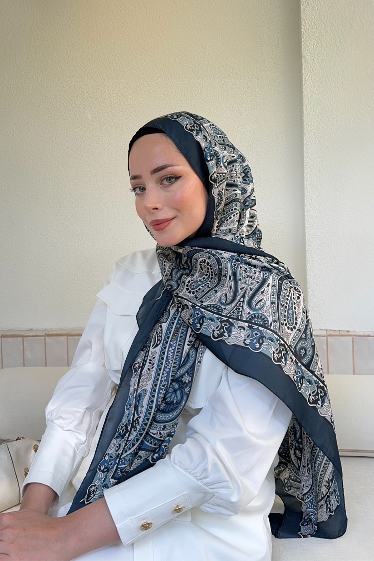 ARMANDA - 6035 Pashmina Desen Şal - Lacivert Krem