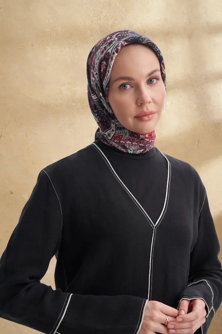 ARMANDA - 3153 Bahia Desen Eşarp - Siyah Kırmızı