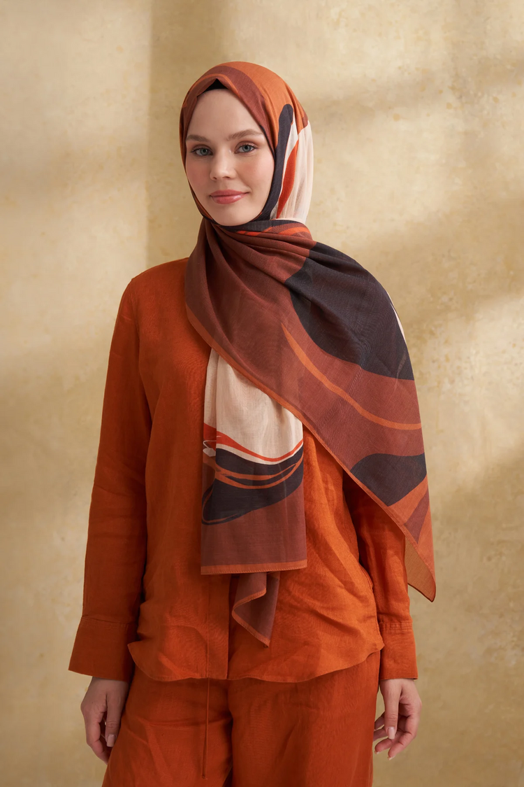 ARMANDA- 3383 İpek Pamuk Sarah Desen Şal - Bej Kahve