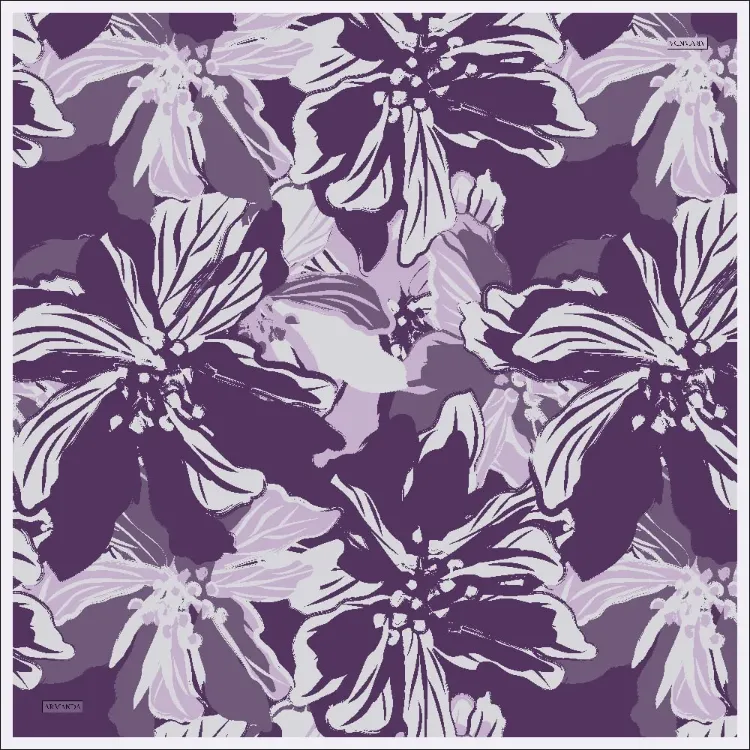 ARMANDA - 4351 Dahlia Desen Twill İpek Eşarp - Mürdüm