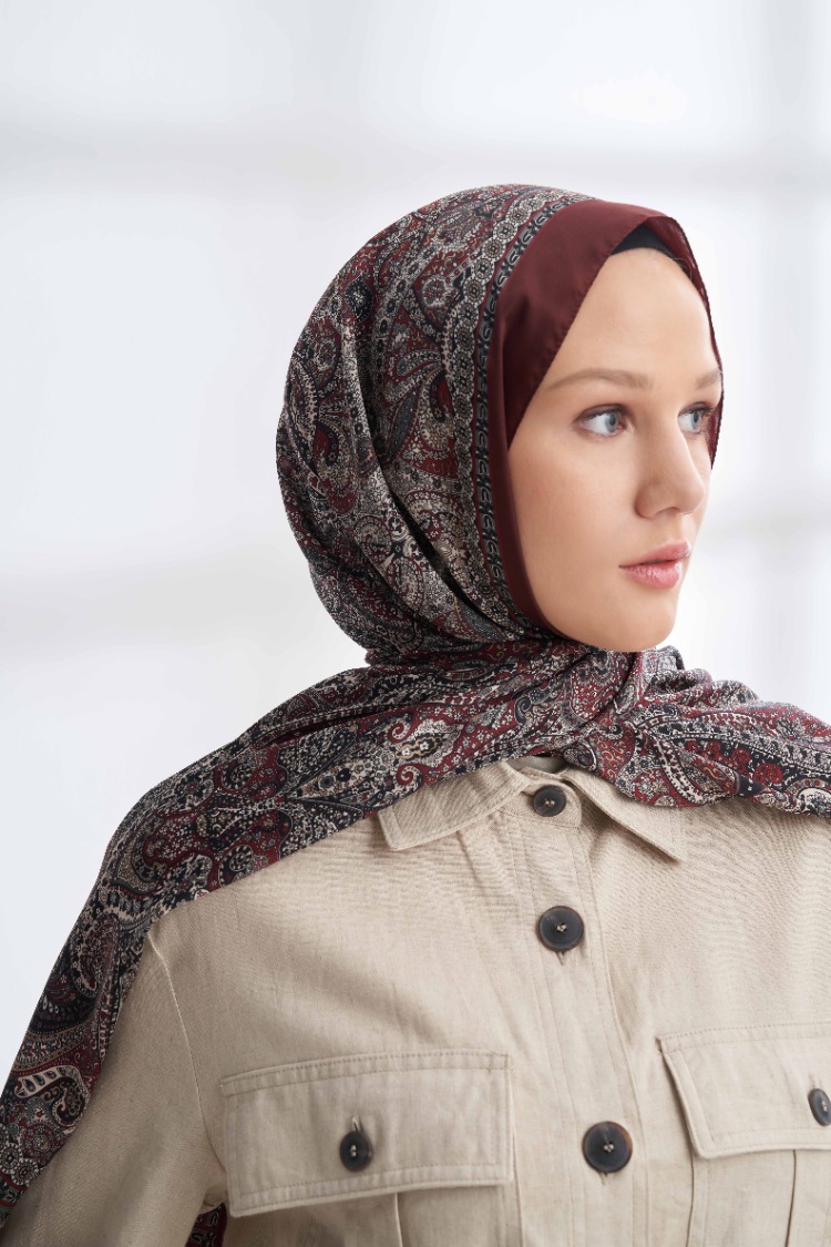 ARMANDA - 6036 Etnik Desen Şal - Kızıl Bordo