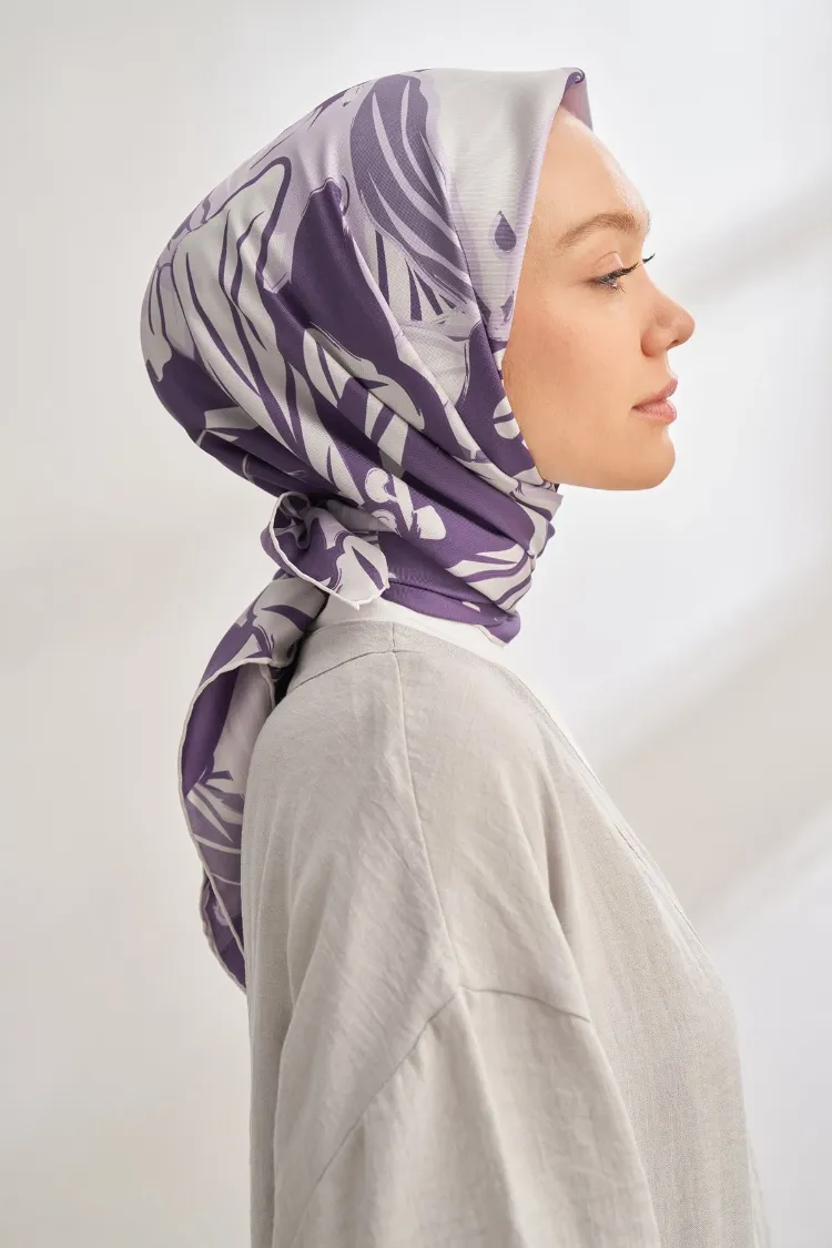 ARMANDA - 4351 Dahlia Desen Twill İpek Eşarp - Mürdüm